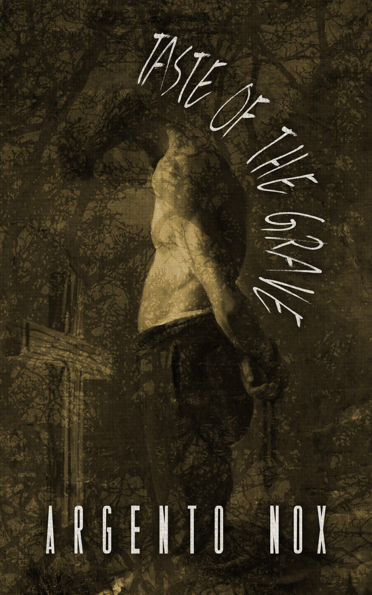 The cover shows the painting of a man kneeling in front of a cross, his head lowered, his hands on his back. Shadows of twigs and leaves overlay the scene which is held in beige and brown colors. Following the line of his back is the title of the book, spe